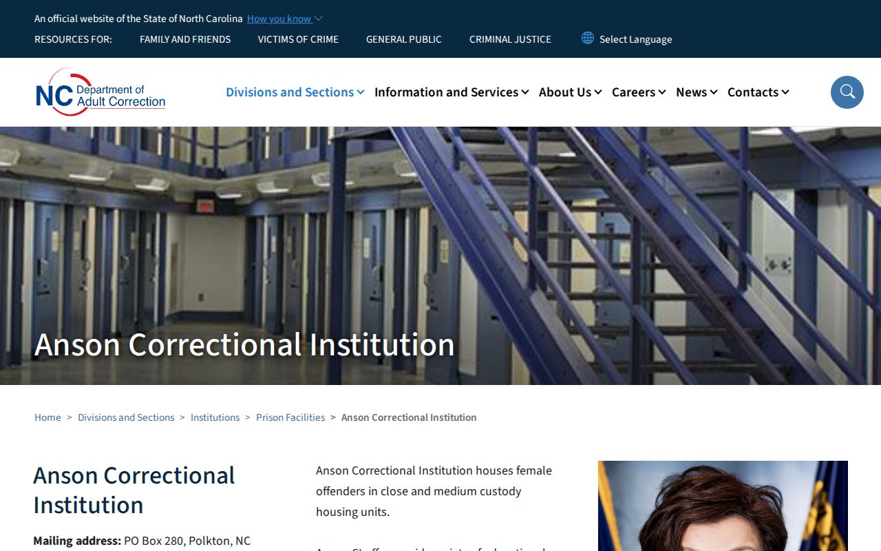 Anson Correctional Institution release records facility page