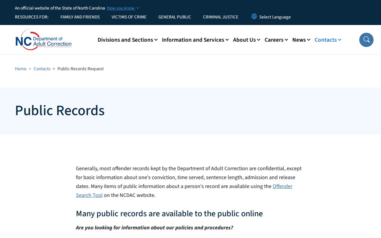North Carolina DAC record request for Anson release verification