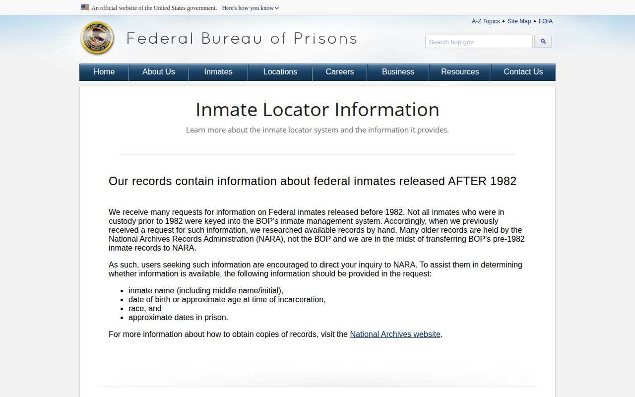 BOP locator release record explanation for federal custody in Anson County