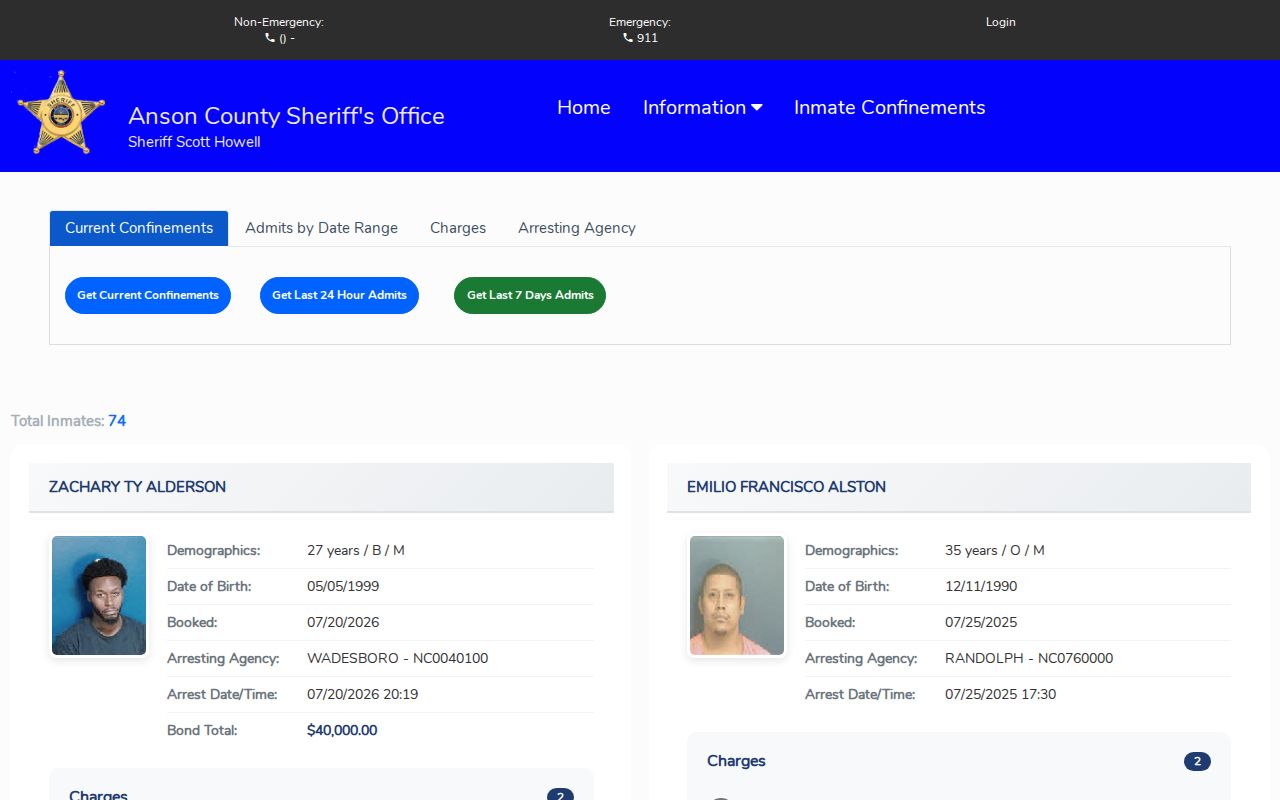 Anson County released inmate current-confinement and admission portal